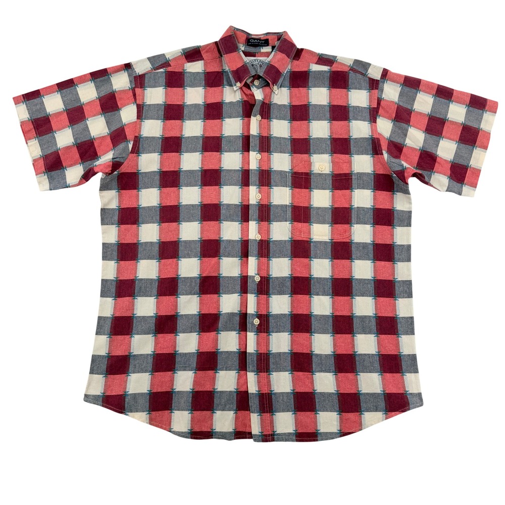 Gant Salty Dog Mens Large Red White Blue Plaid Short Sleeve Button Down Shirt